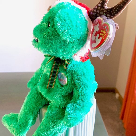 2002 4564 Green Holiday Teddy Bear Reindeer Hat Christmas Ty Beanie Baby MWMT - Picture 2 of 9